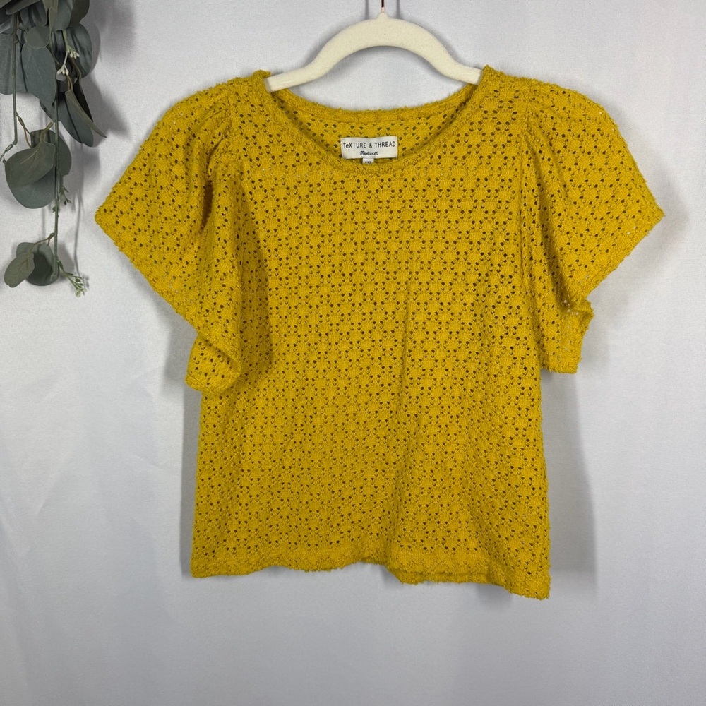 Madewell | Flutter Sleeve Eyelet Short Sleeve Top Yellow Women's Size XXS - Picture 3 of 11